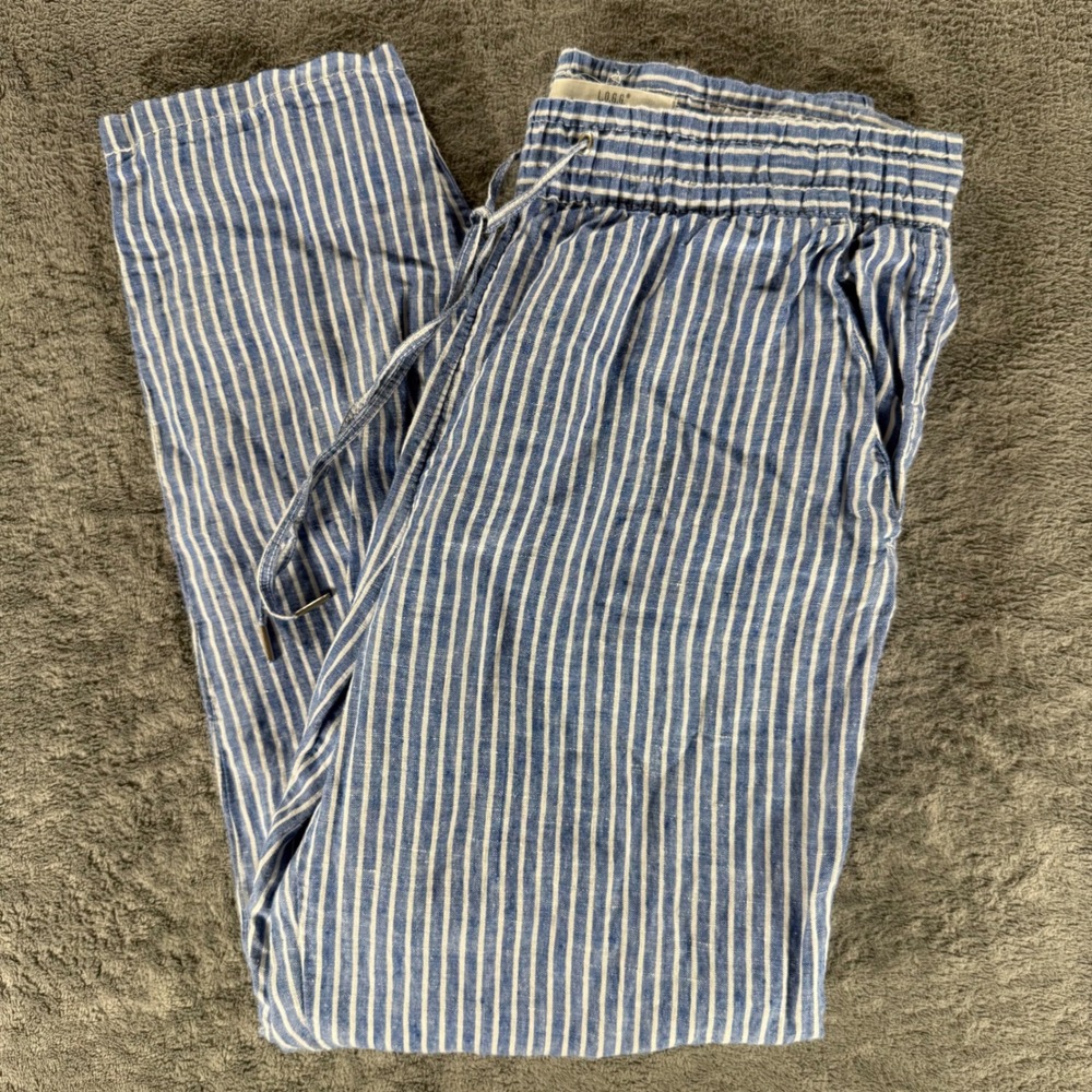 H&M L.O.G.G. 100% Linen Pants Size 4 Blue White Striped Elastic Waist Drawstring